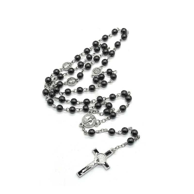 

652F Round Glass Bead Catholic Rosary for Cross Necklace Religious Pendants Necklace