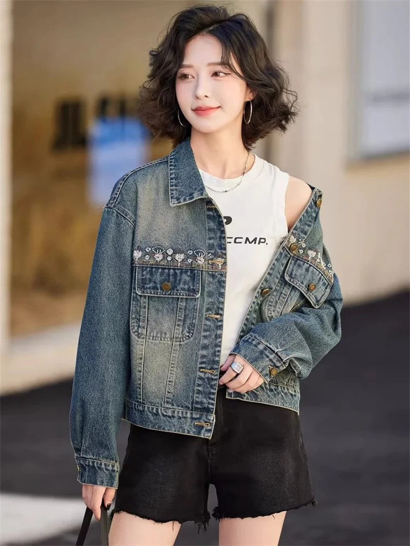 2025 Spring Sequin Embroidery Short Coat Female BF Loose Denim Jacket Tops Femme Jeans Jacket Female Blouses Outwear Autumn