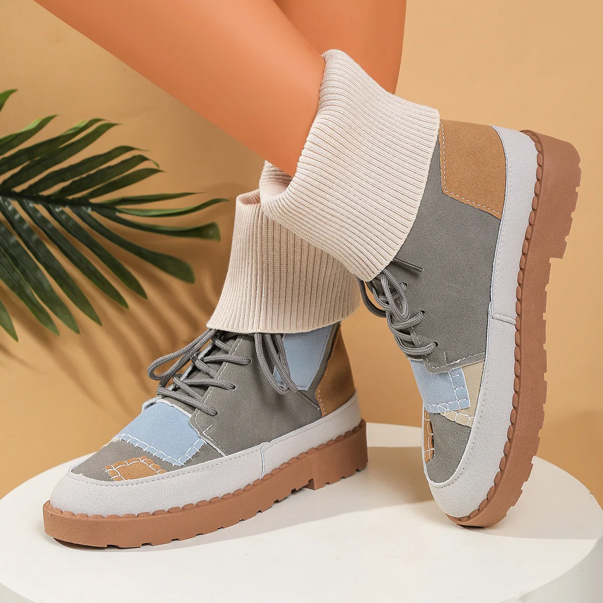 2025 Fashionable Sexy Lace Up Plus Size Work Boots for Women Winter Round Toe Thick Soled Comfortable Casual Mid Length Boots