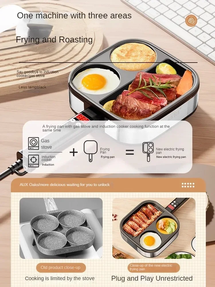 220V 3 in 1 Breakfast Machine Egg Frying Pan Non-stick Beef Fry Pan Egg Burger Cooker Home Electric Skillets 4