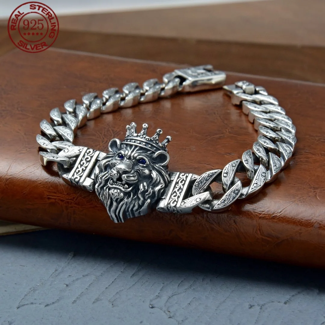 S925 Sterling Silver Tiger Head Men's Bracelet Aggressive Retro Swivel Tiger Cuban Chain Personalized Fashion Hand Jewelry
