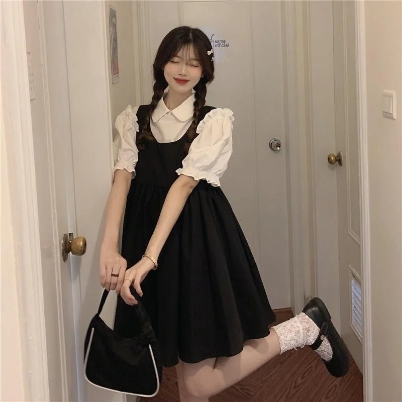 

Summer 2022 Korean Retro Short Sleeve Top + Slim Vest A-line Skirt Two-piece Set Dress Elegant For Shirt Women Tunic Streetwear