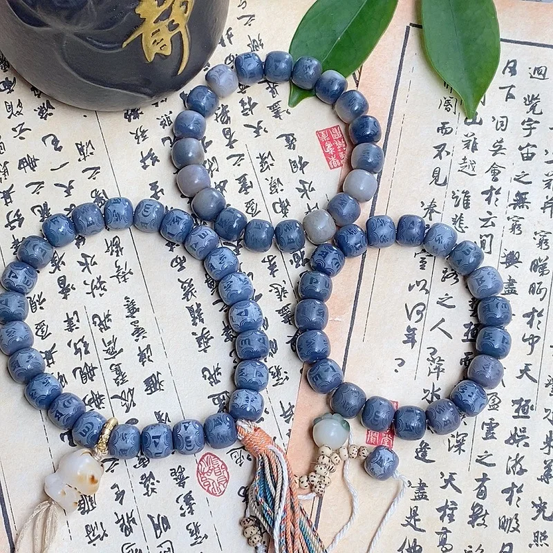 

Six Proverbs: Sea Salt Blue Barrel Bead Bodhi Bracelet Holding Root Bodhi Zi Buddha Bead Literary and Playful Female