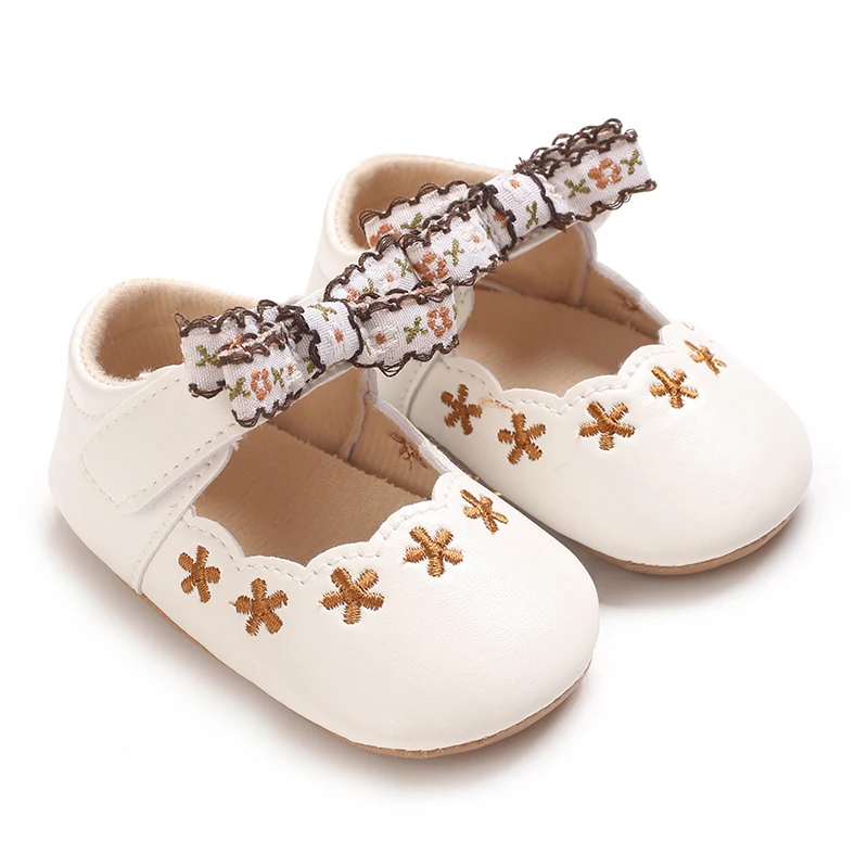 Baby Girls Princess Shoes, Soft PU Leather Embroidery Flower Non-slip Bottom First Walker Shoes Toddler Shoes 5