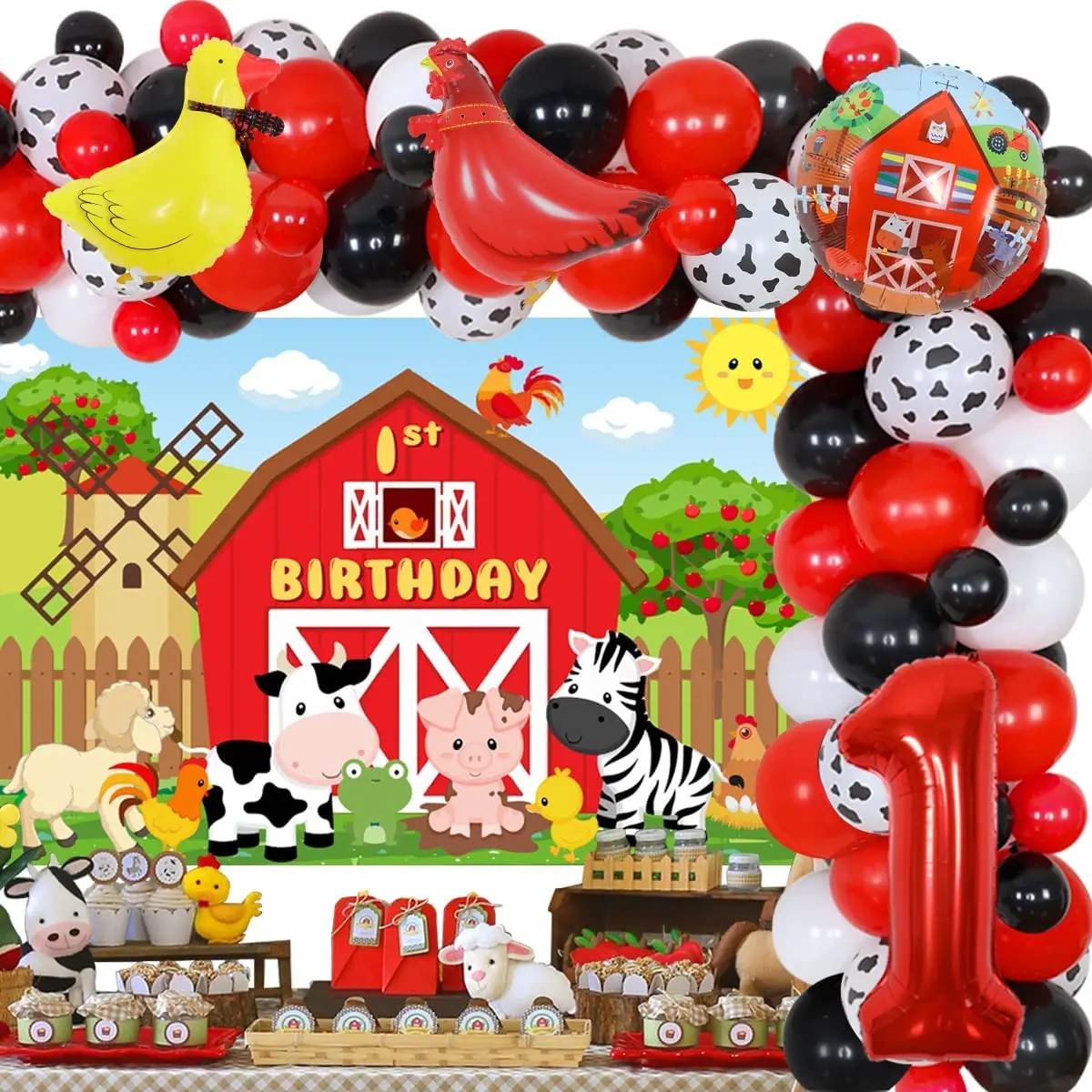 

Sursurprise-Farm Animal Theme Decorations for Boy, Red Balloon, Garland, Happy Birthday Backdrop, Foil Balloons