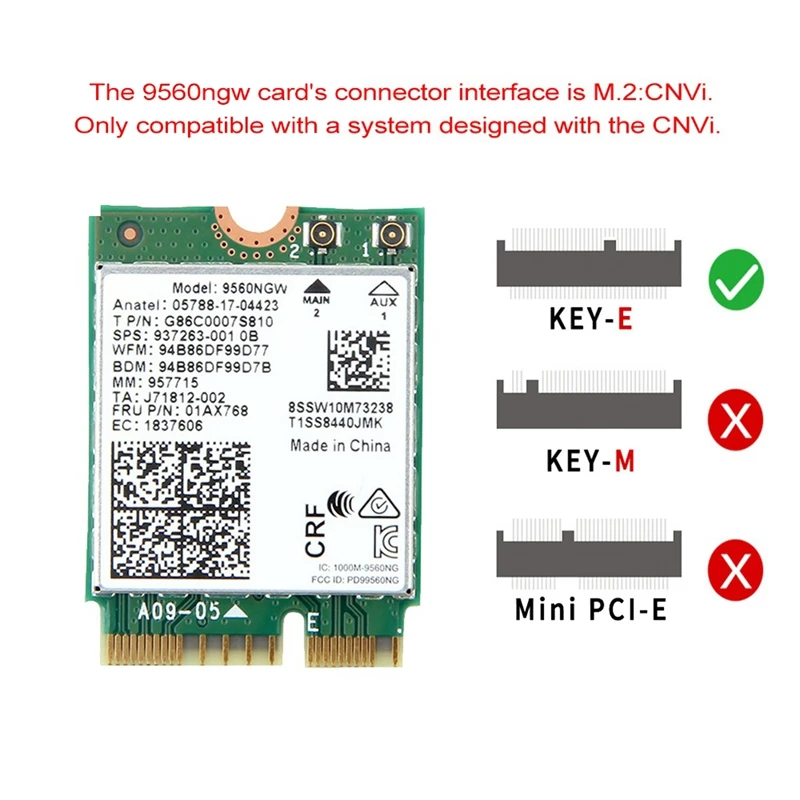 9560NGW WiFi Card+2XAntenna 1730Mbps Wireless AC 9560 2.4G+5G BT 5.0 802.11Ac M.2 CNVI 9560NGW Wireless Adapter wifi usb adapter