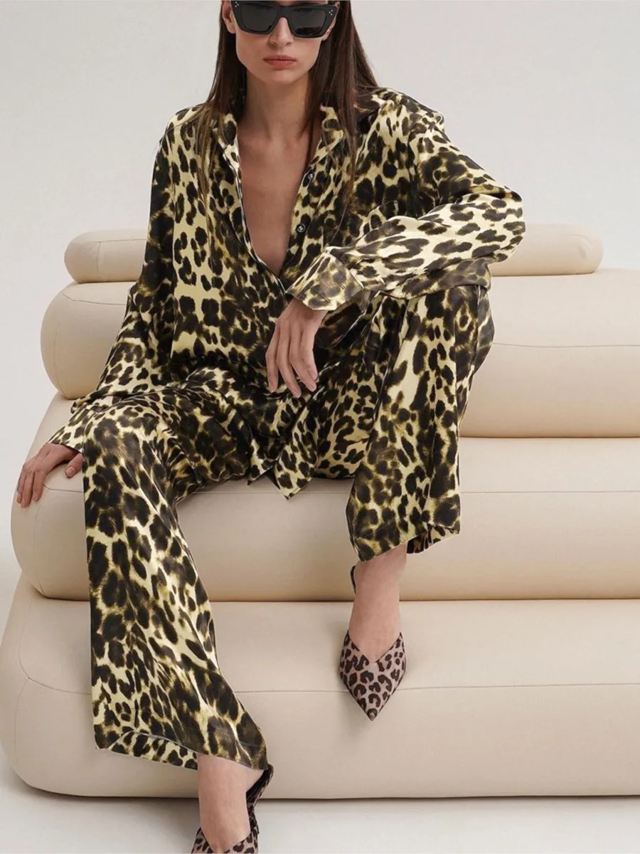 

Leopard Printed Pants Sets 2024 New Spring Summer Long Sleeve Turndown Collar Shirts+Trouser Suits Sexy Fashion 2 Piece Set Lady