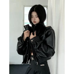 MEXZT Cropped Pu Leather Jackets Women Black Motorcycle Short Coat Streetwear Vintage Korean Loose Casual All Match Outerwear