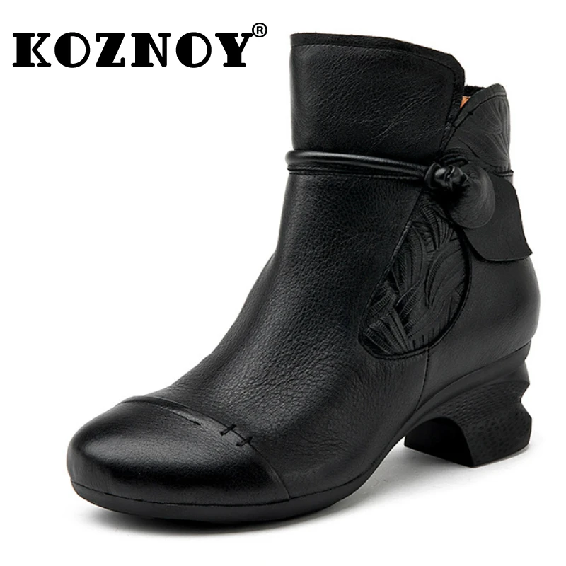 

Koznoy 5cm Cow Genuine Leather Luxury Round Toe Autumn Ankle Booties Chunky Heels ZIP Spring Fashion Woman Elegance Comfy Shoes