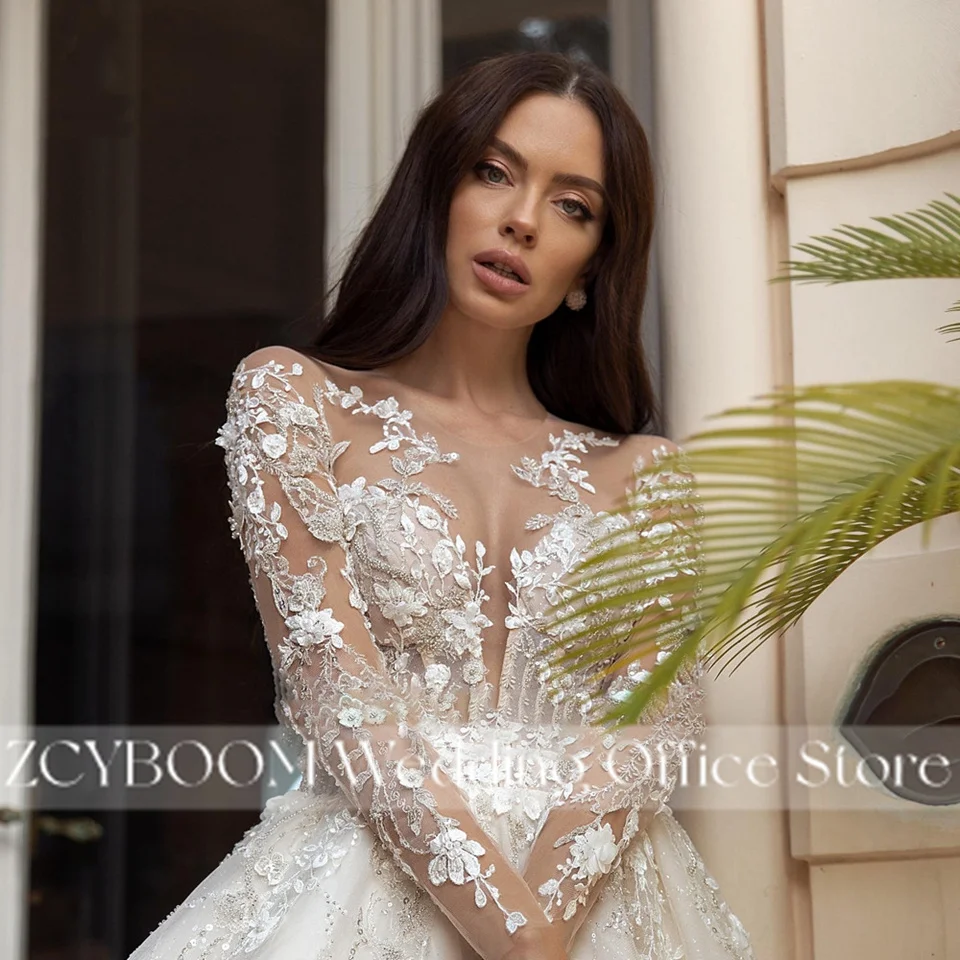 Luxuriöses A-Linien-Hochzeitskleid mit Illusionsärmeln 2022, Sweetheart-Ausschnitt, Spitzenapplikationen, Glitzer-Pailletten, Brautkleid Vestido De Novia – Detail 7