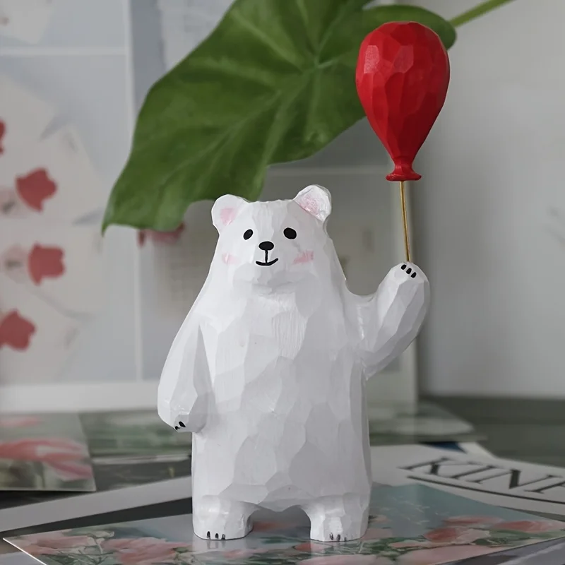 Wooden Bear Figurine with Heart Balloon-Handmade Desktop Decor, Cute Gift Idea.