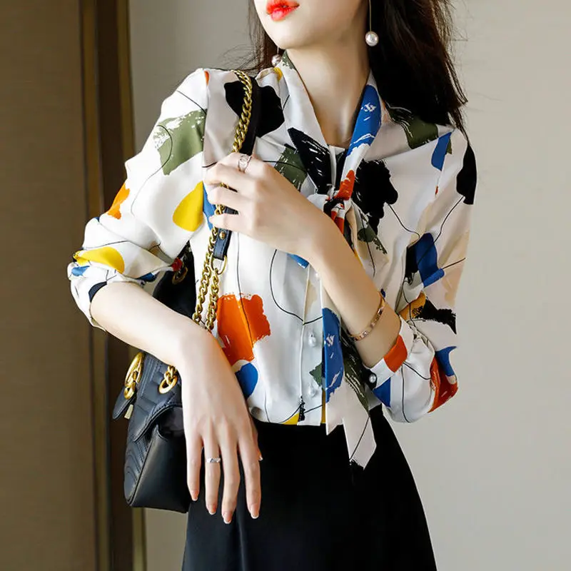 2024 New Summer Elegant Fashion Loose Casual Office Lady Women's Shirt BOW Irregular Graffiti V Neck Short Sleeve Y2K Chic Tops new vintage graffiti print ruffles tulle blouses long sleeve female shirts mesh midi skirt mujer female chic lace up vestidos