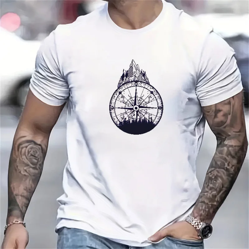 2024 New Men's T-shirt Compass Printed Comfortable and Breathable Pullover Summer Fashion Sports Leisure O-Neck Short Sleeve Top
