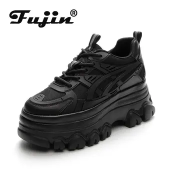 Fujin 천연 가죽 합성 플랫폼 웨지 스니커즈, 청키 히든 힐, 여성 캐주얼 신발, 가을 겨울, 9cm