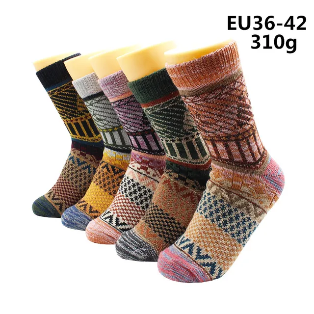 5 Pairs Winter Warmer Women Thicken Thermal Wool Cashmere Snow Socks Fashion Casual Euramerican National Wool Socks for Women 5 Pairs -YM027