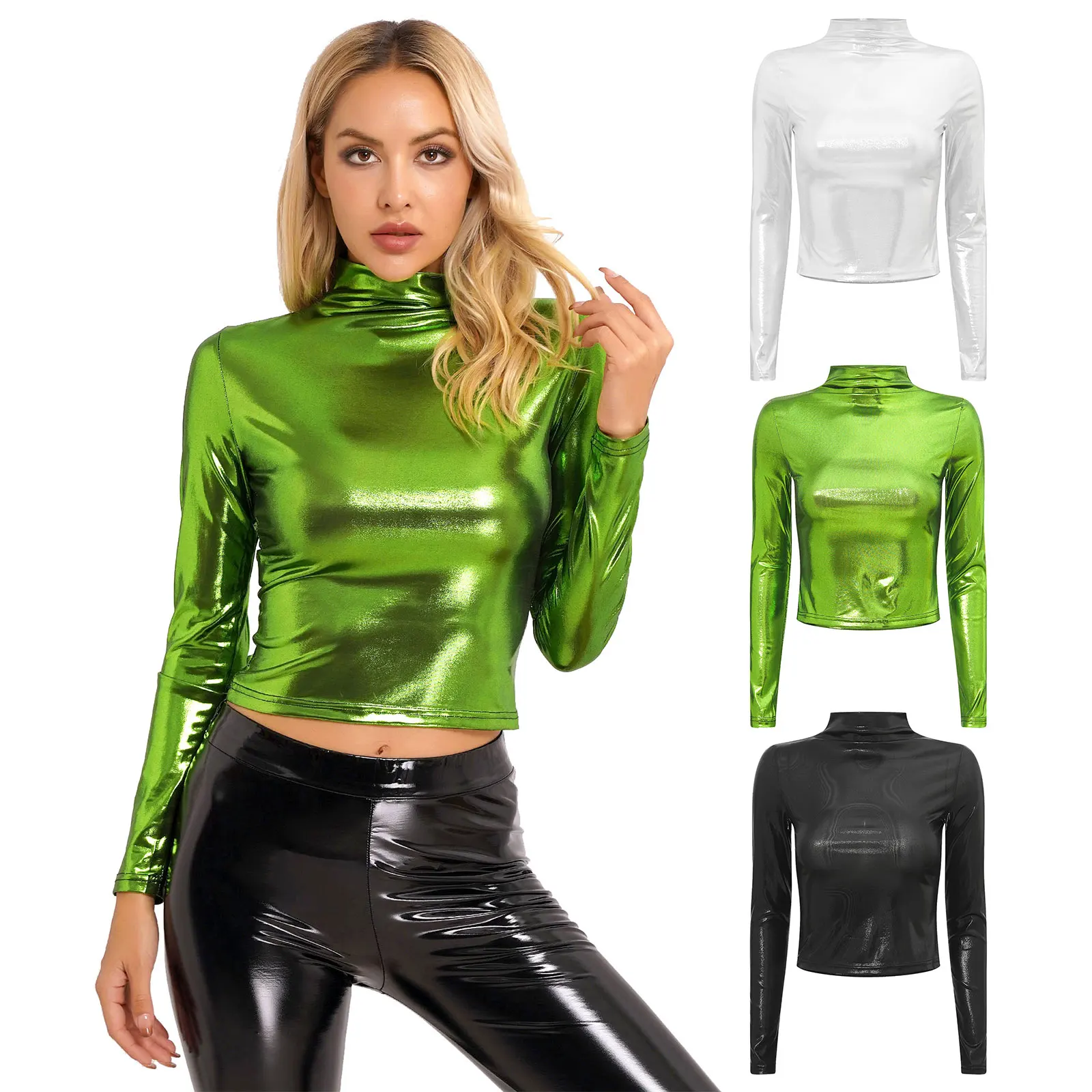 

Womens Metallic Liquid Long Sleeve Crop Top T-Shirt Fashion Wet Look Slim Fit Holographic T-shirt Tops Rave Party Club Dancewear