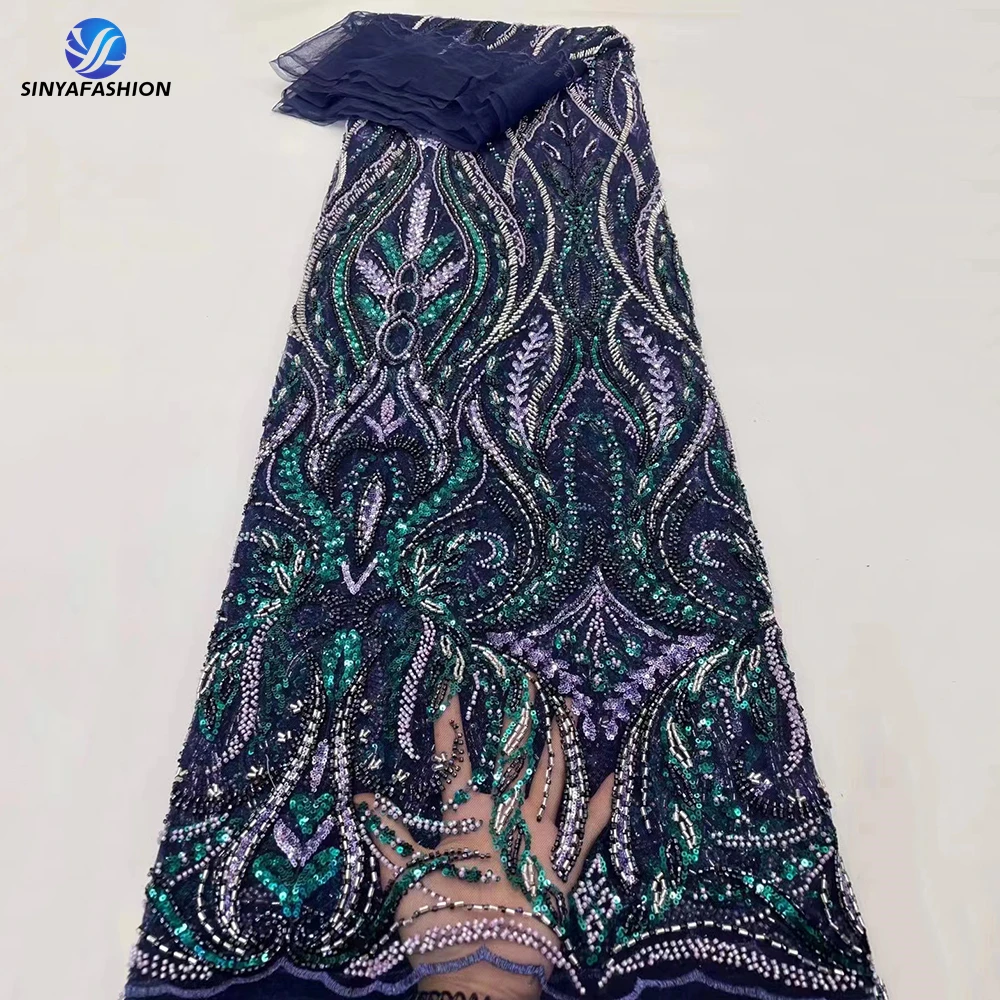 

Sinya Navy Blue African Nigerian Lace Fabrics Hot Sale French Wedding Bridal Luxury Sequins Beaded Lace Embroidery Dress Fabric