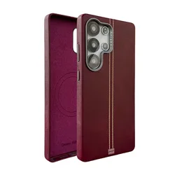 Vintage Leather MagSafe Phone Case with Metal Lens Frame - Shockproof, Wireless Charging Compatible - Galaxy S23 Ultra (Red)