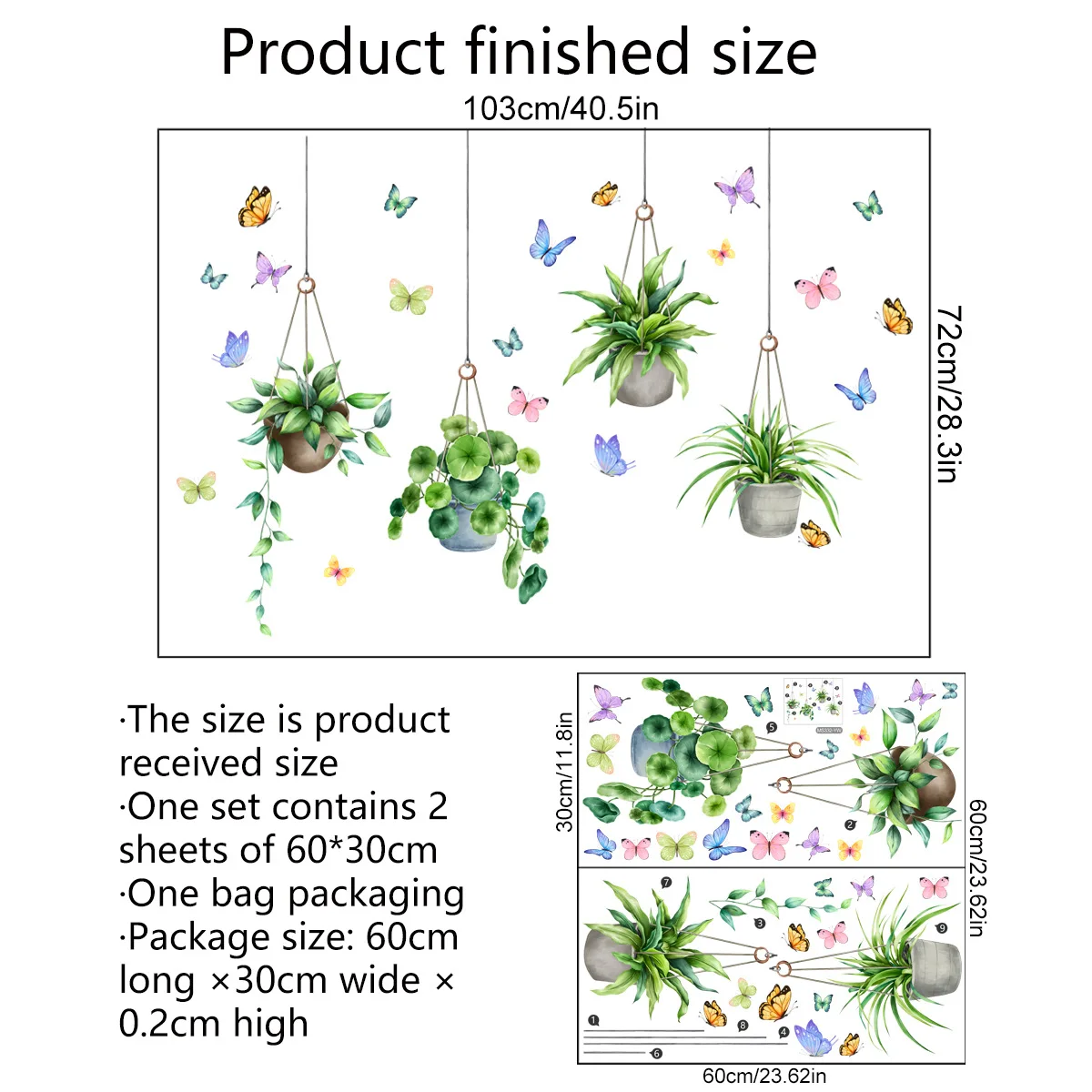 Plant Butterfly Wall Sticker Self-Adhesive Green Leaf Decal for Living Room Bedroom Background Wall (30x60cm, 2-Pieces in 1)