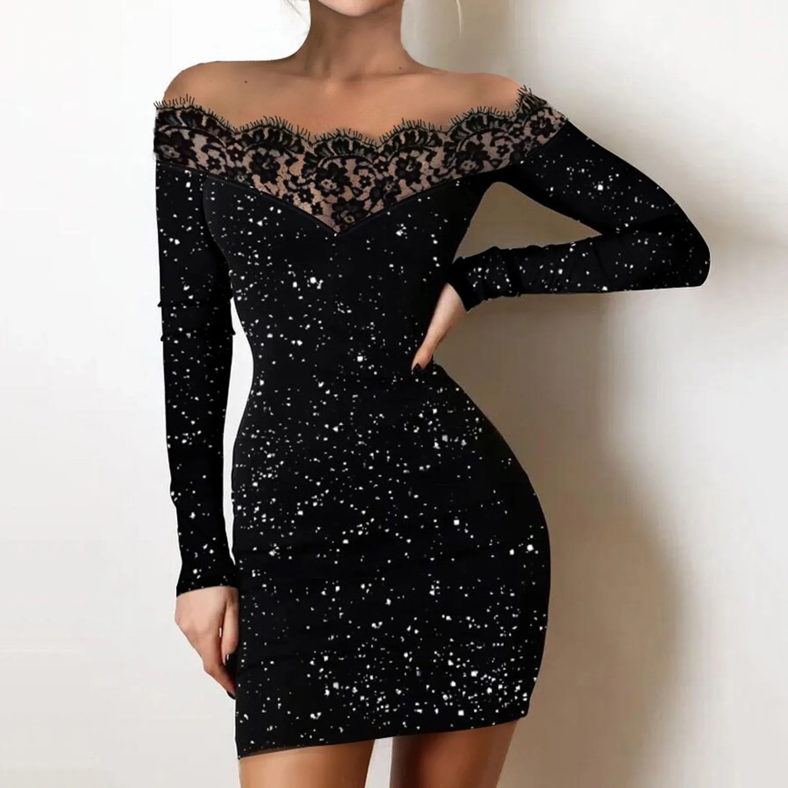 2021 spring autumn velvet party dress femme elegant lace patchwork o neck long sleeve midi dresses vintage woman clothing s78231 Women's Dress Vintage Floral Sequin See Though Lace Patchwork Long Sleeve Boat Neck Swing Dress Gown Prom Cocktail Party Dresses