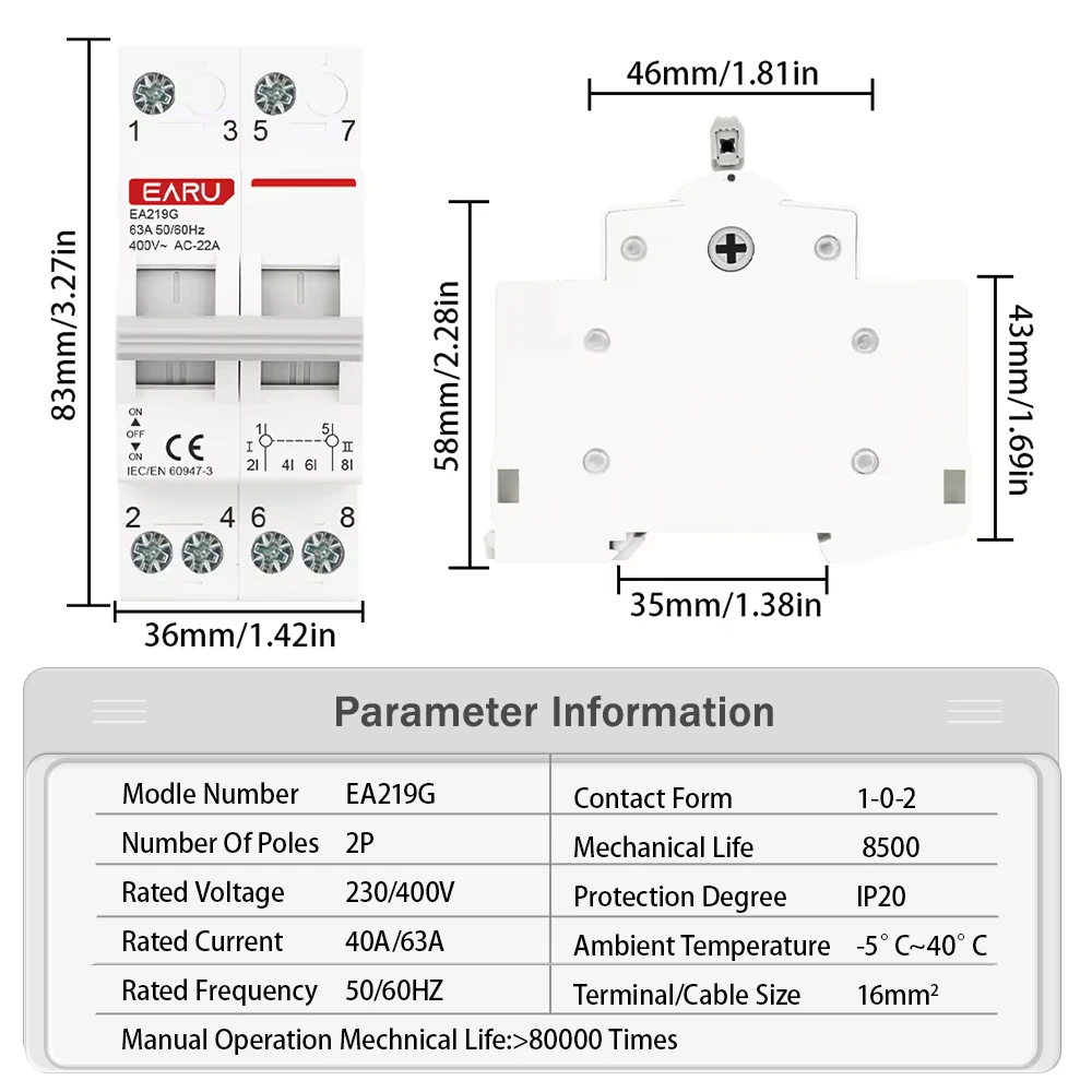 2P 40A 63A MTS Dual Power Manual Transfer Interlock Circuit BreakerDin Rail Isol