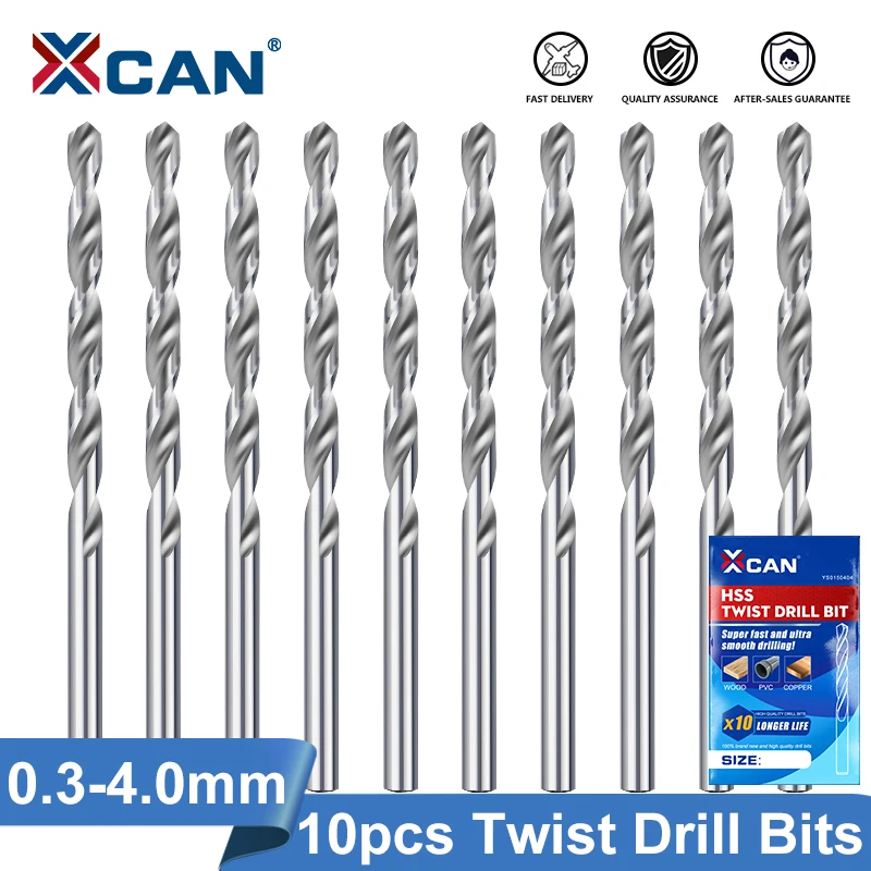 XCAN 10pcs 0.3-4.0mm High Speed Steel Mini Twist Drill Bit Set for Dremel Rotary Tool Wood/Metal Hole Cutter