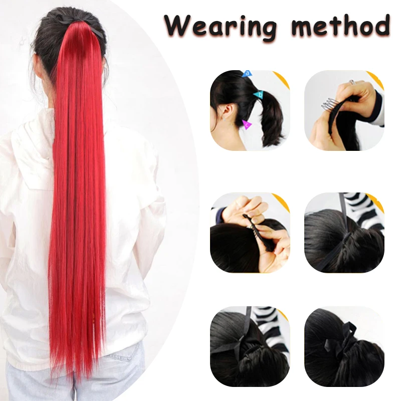 LUPU Tie Style Ponytail Extension Straight Ponytail 32 inch Synthetic hair Piece, Suitable for Women's Heat-Resistant (red)