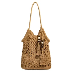 Handcrafted Cotton Yarn Woven Tote Bag - Stylish Large Zippered Beach & City Companion (Khaki)