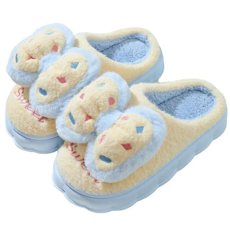 Home Cotton Shoes For Women Bow Autumn Winter Warm Non-slip Indoor Girl Color Contrast Cute Comfortable Fluffy Cotton Slippers