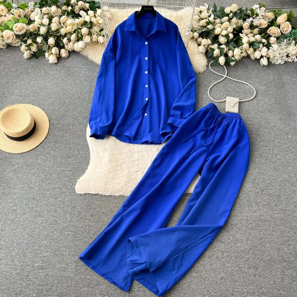 

Autumn Women Elegant Pantsuit Casual Single Breasted Long Sleeve Lapel Shirt+Drawstring Wide Leg Pants 2 Piece Sets Clothings