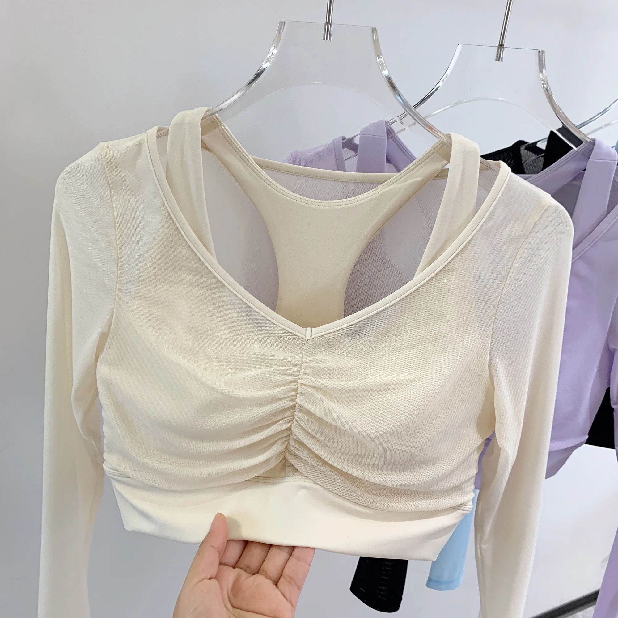 퓨어 디자이어 페어리 메쉬 스플라이스 스포티 여성용 요가 피트니스 탑 반팔 고..