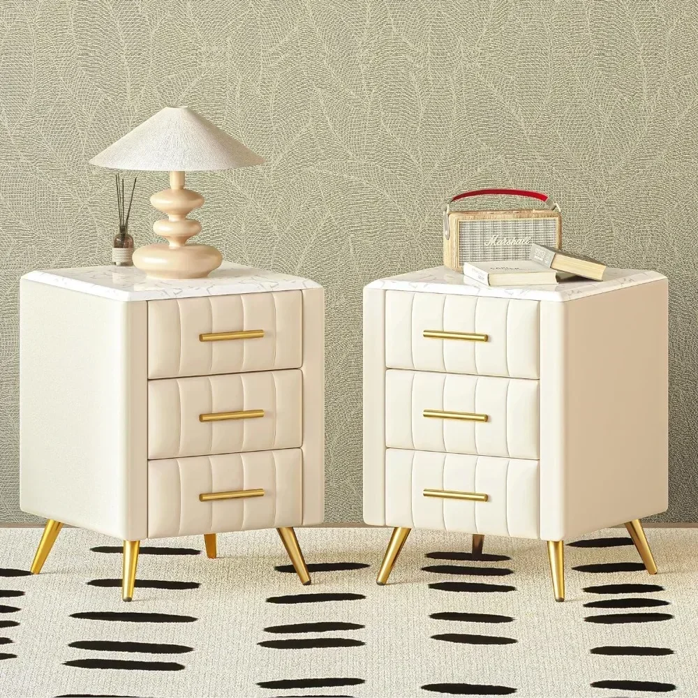 Velvet Nightstand with 3 Drawers,Upholstered Nightstand with Faux Marble Top,End Table with Metal Legs for Bedroom, Living Room 3
