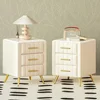 Velvet Nightstand with 3 Drawers,Upholstered Nightstand with Faux Marble Top,End Table with Metal Legs for Bedroom, Living Room 3