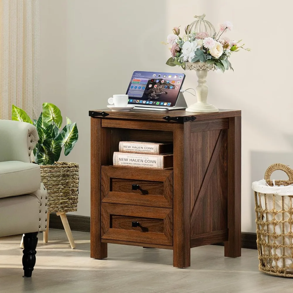Nightstand with Charging Station and USB Port, Farmhouse Side End Table with 2 Drawers and Open Shelf 3