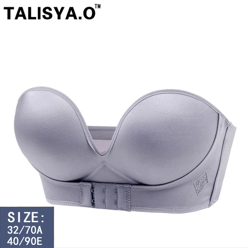 Women's Front Closure Adjustable Padded Bra Gather Strapless Bra Super Push  Up Invisible Bra Skin color 80B 