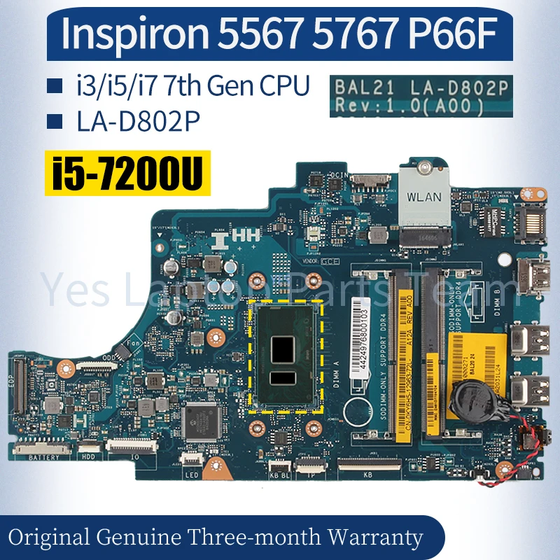 Placa-mãe Portátil para Dell Inspiron P66f 5567 5767 La-d802p 081yw5 057k0h 0dg5g3 i5 i7 7ª Geração Cpu