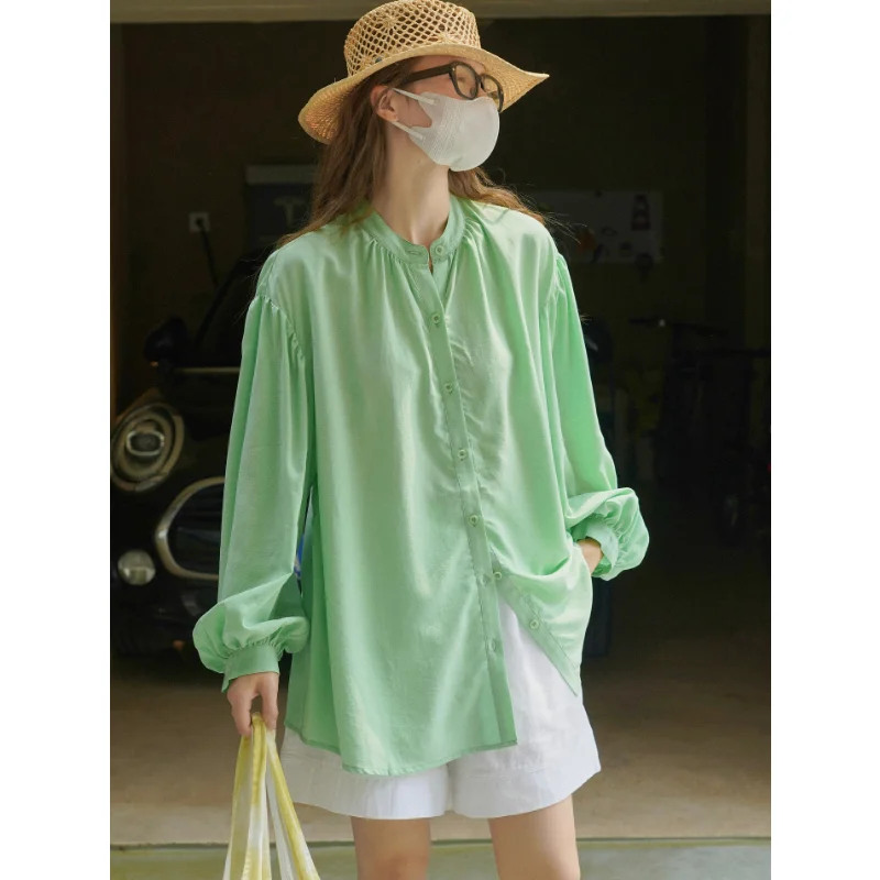 

Summer Grass Green Shirts Loose Lyocell Tops Women Lantern Sleeve Stand Collar Cool Sun Protection Korean Lazy Sky Blue Blouses