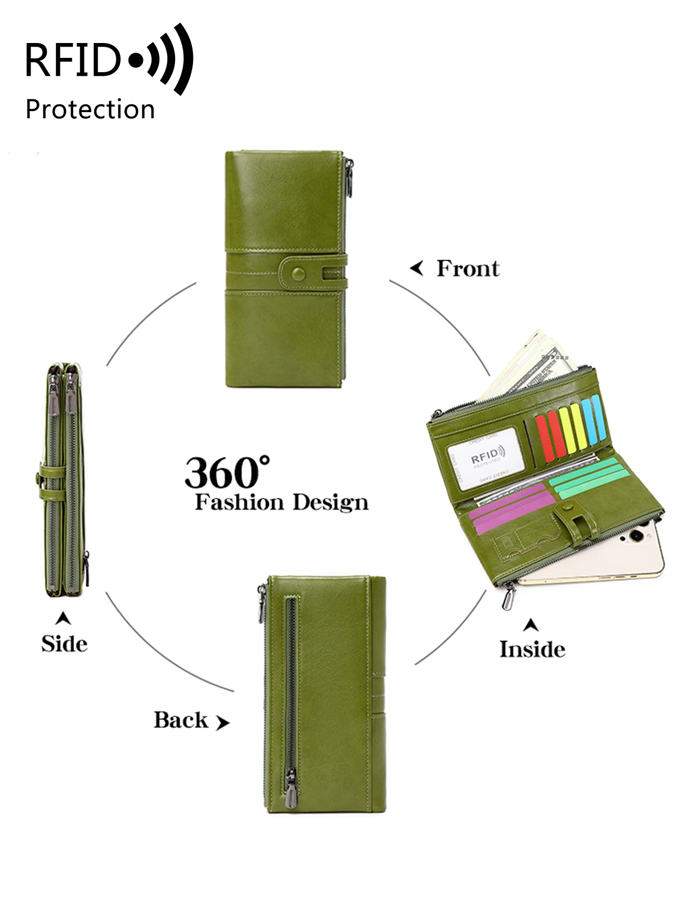 Hot selling RFID women's long wallet PU leather handbag with multiple card slots, coin zipper wallet, women's mobile wallet