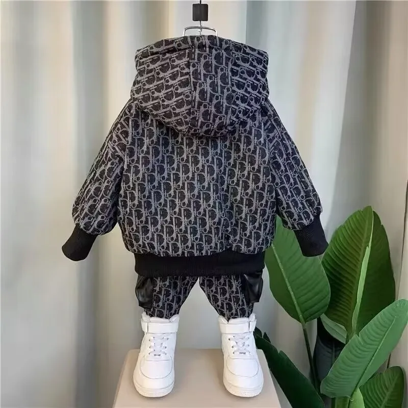 Kids Clothes Autumn and Winter Boys' Clothing Set New Children's and Baby's Winter Wear Plush Thick Hooded Coat Pants 2 Piece Set