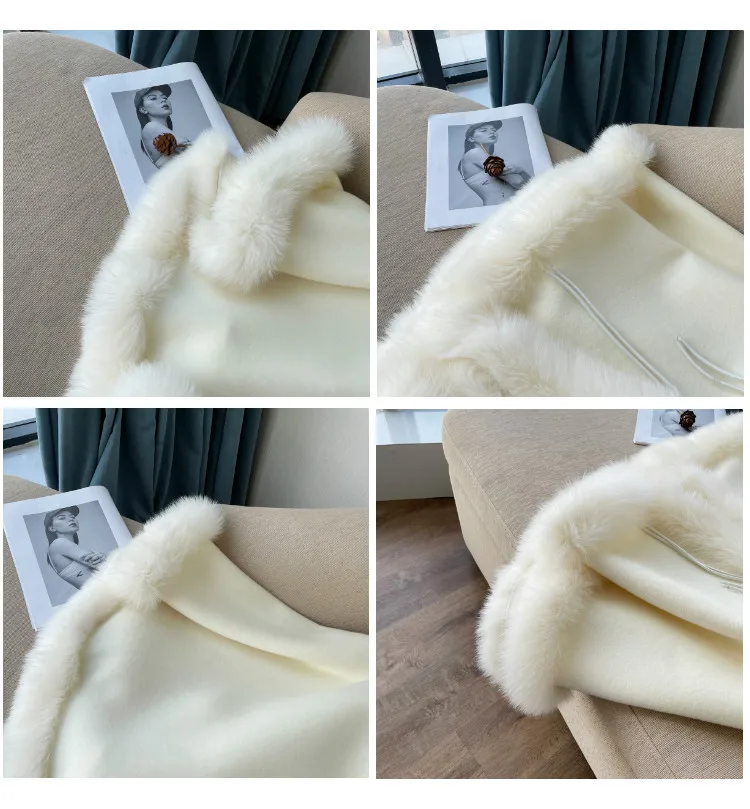 Warme Winterumhänge für Damen, Übergröße, Fledermausärmel, Poncho, 100 % Wollschals mit echtem Fuchspelzbesatz, luxuriöse Wraps – Detail 12