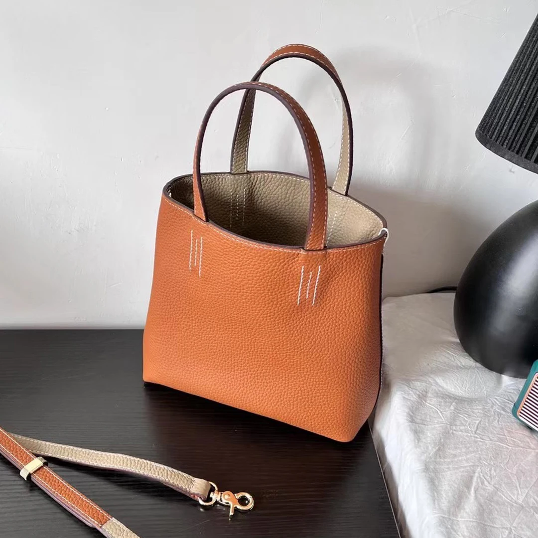 Double Sided Leather Tote Bag Small Shopping Bag Single Shoulder Crossbody Bag Handbag Women's Soft Top Layer Cowhide