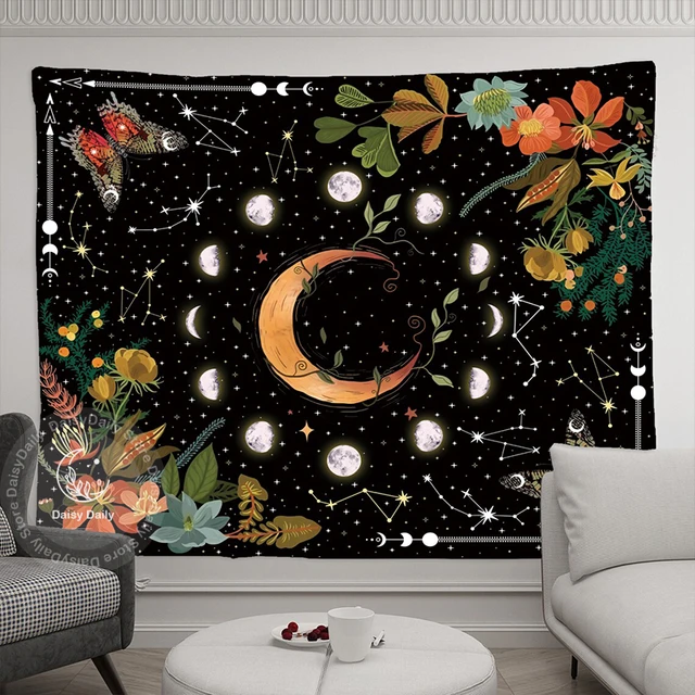 Virágos Kárpit Holdfázisú Botanikus Égi Csillagok Pillangó Éjszakai Kárpitok Fal Lógó Nappali Hálószoba Csillagszőnyeg - Image 4