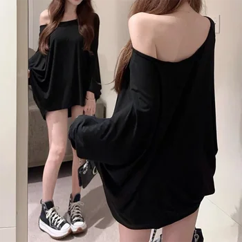 Solid Oversized T-shirt for Women's Casual Loose Top Fashion Bat Sleeves Simple Sexy Off Shoulder Korean Baggy T shirts Autumn 1