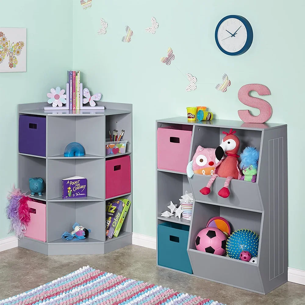 9-Cubby Kids Bookcase with Large Storage Drawers, Children's Corner Cabinet with 6 Cubes and 3 Shelves Wooden Storage Sideboard