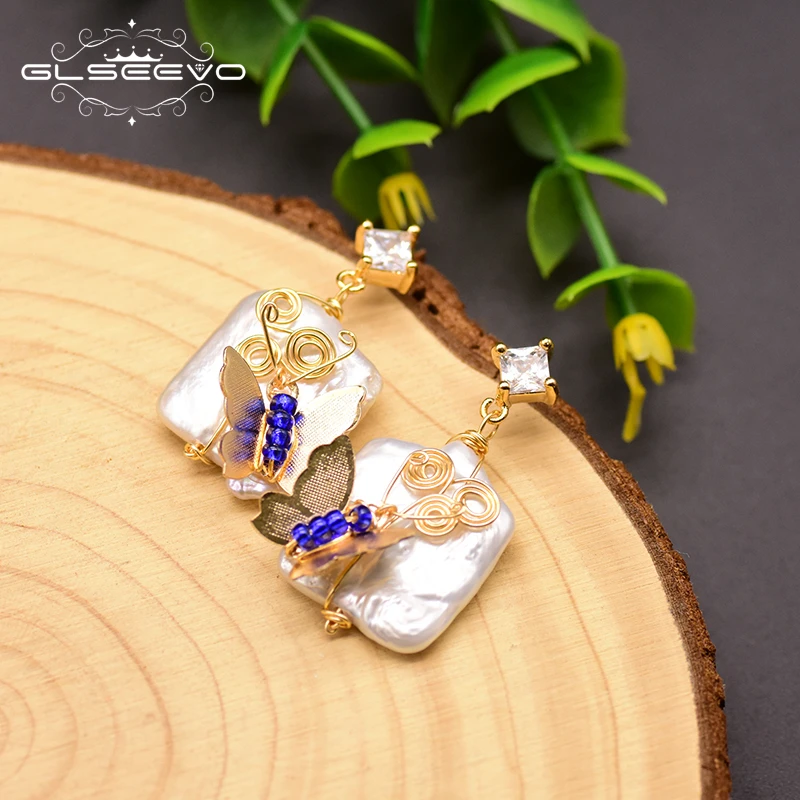 GLSEEVO Natural Fresh Water Pearl Square Pearl Dangle Earrings Butterfly  Dangle Earrings For Women Wedding Fine Jewelry GE0806|Drop Earrings| -  AliExpress