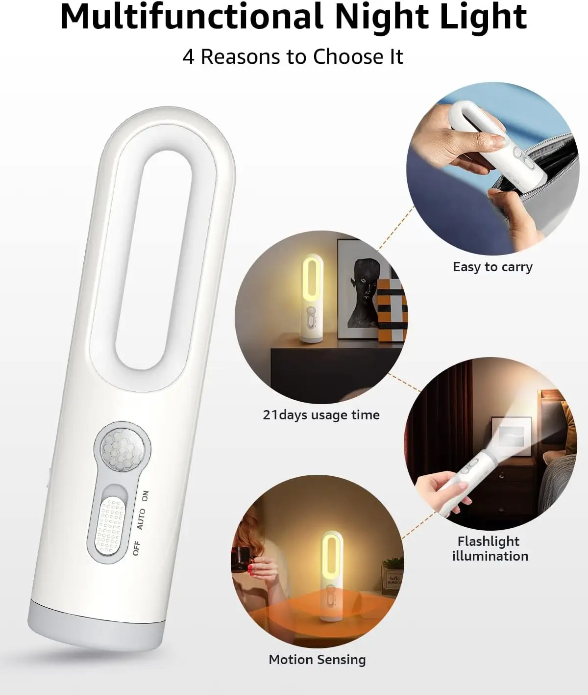 LED Motion Sensor Night Light 2 in 1 Portable Flashlight with Dusk to Dawn Sensor for Bedroom, Bathroom, Reading, Camping 3