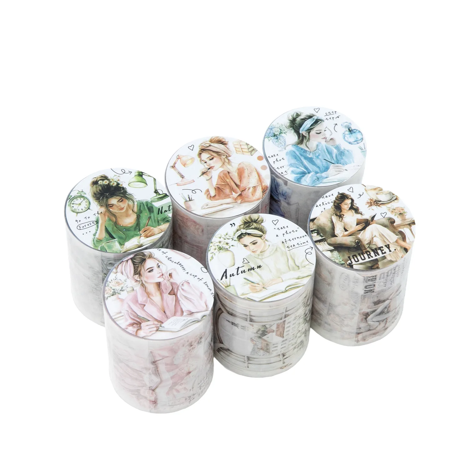 1롤/2롤 PET 소재 테이프 휴식 시간 시리즈 일상 생활 장면 테마 스크랩북 반복 장식 6가지 디자인 세트