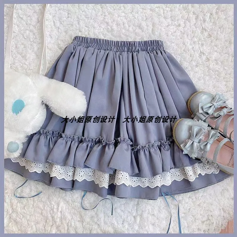 Japanese Mine Style Solid Color Lace Stitching Ruffled Cute Sweet Lolita Elastic High Waist Pleated Short Skirt Women Summer