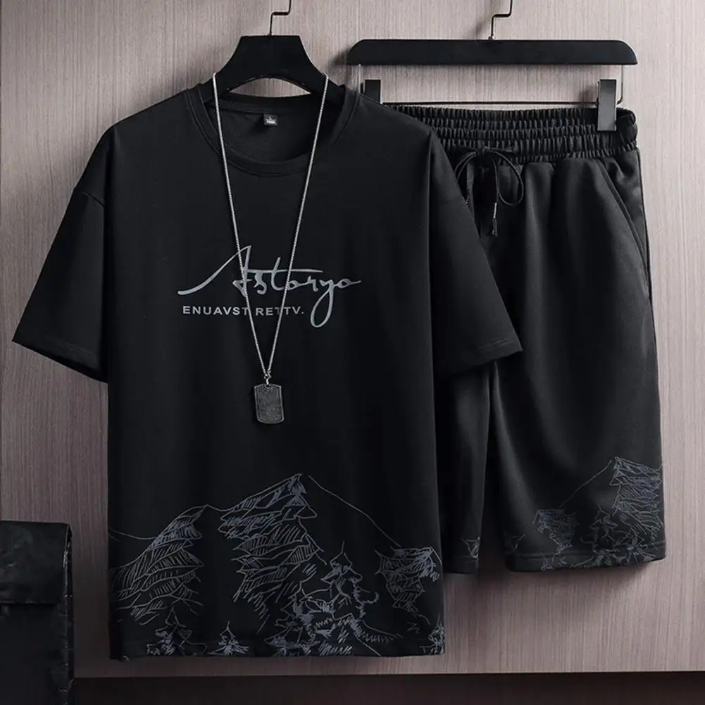 2 Piece Set For Men Shorts Set Drawstring Pockets Casual Outfit Mountain Print Loose T-shirt Loose Shorts Sport Suit Streetwear