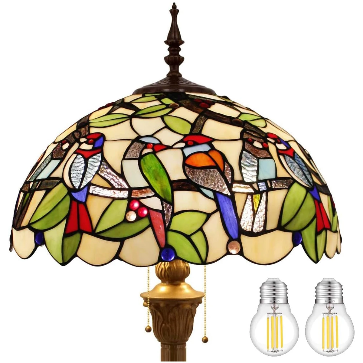 

WERFACTORY Tiffany Floor Lamp Double Birds Amber Stained Glass Standing Reading Light 16X16X64 Inches Antique Pole Corner Lamp